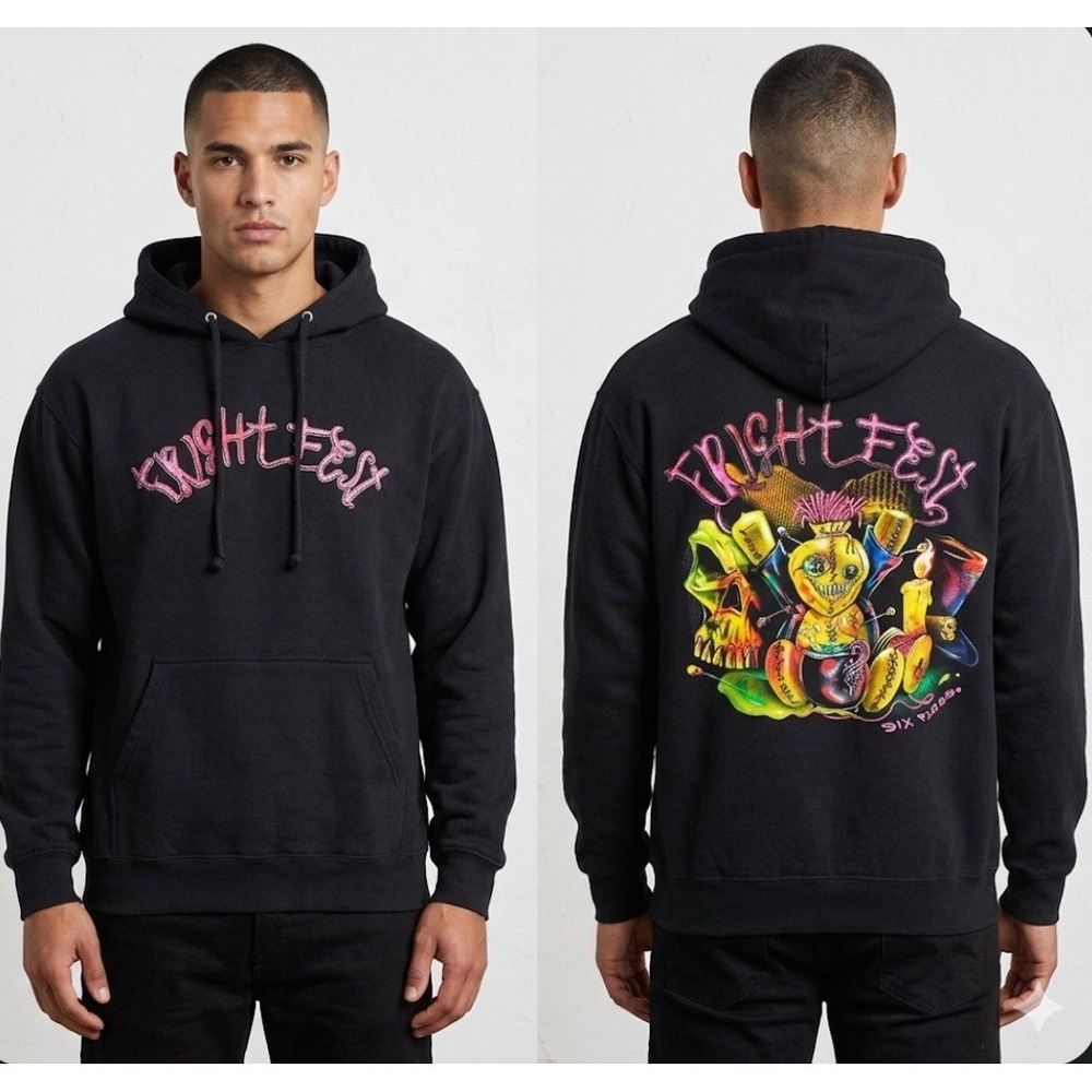 Six Flags Fright Fest Hoodie Men's Large Black Voodoo Doll Graphic Sweatshirt